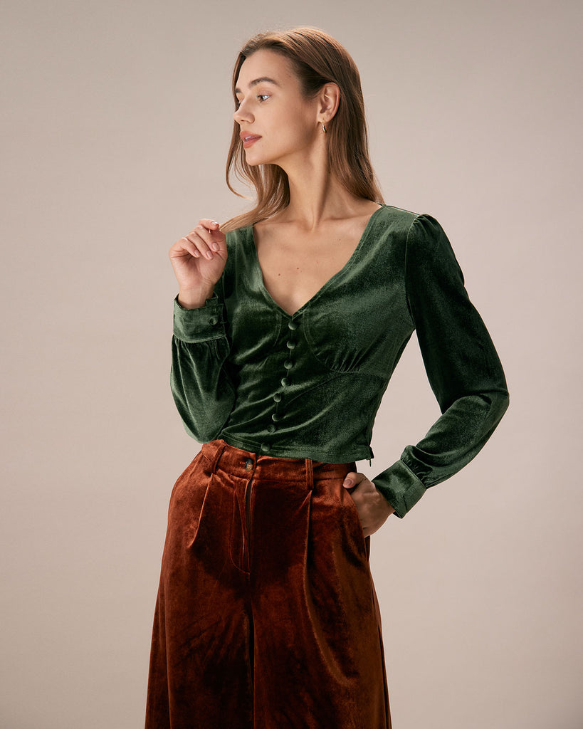 The Dark Green V Neck Velvet Blouse Tops - RIHOAS