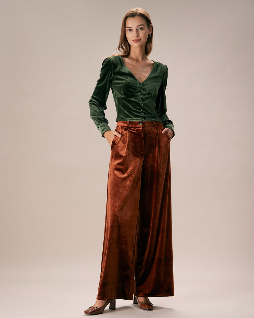 The Dark Green V Neck Velvet Blouse Tops - RIHOAS