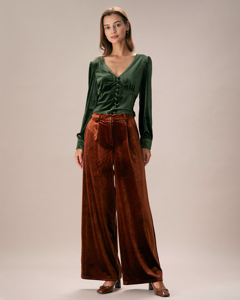 The Dark Green V Neck Velvet Blouse Tops - RIHOAS