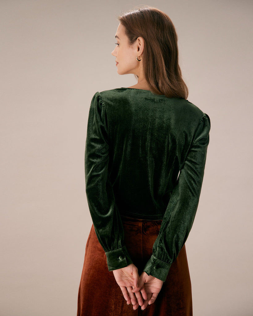 The Dark Green V Neck Velvet Blouse Tops - RIHOAS