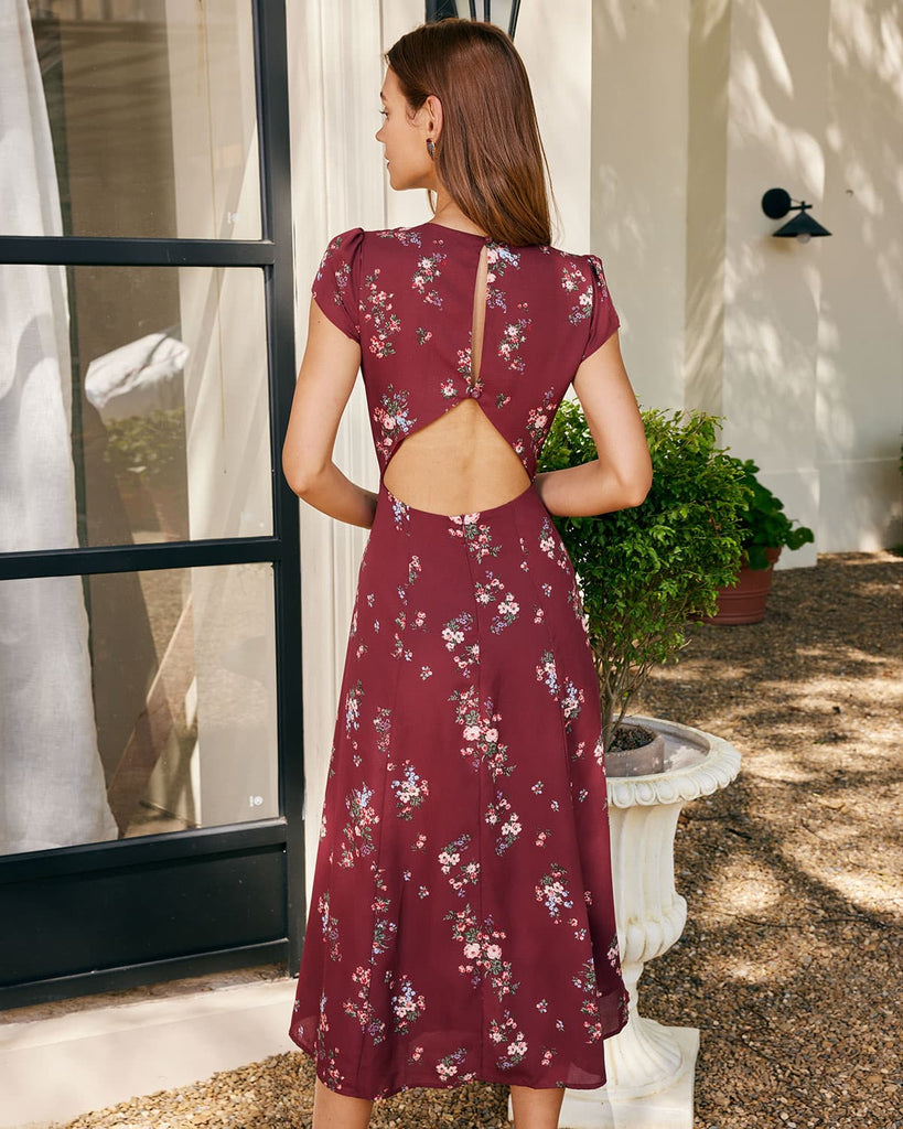 The Dark Red Round Neck Split Hem Midi Dress Dresses - RIHOAS
