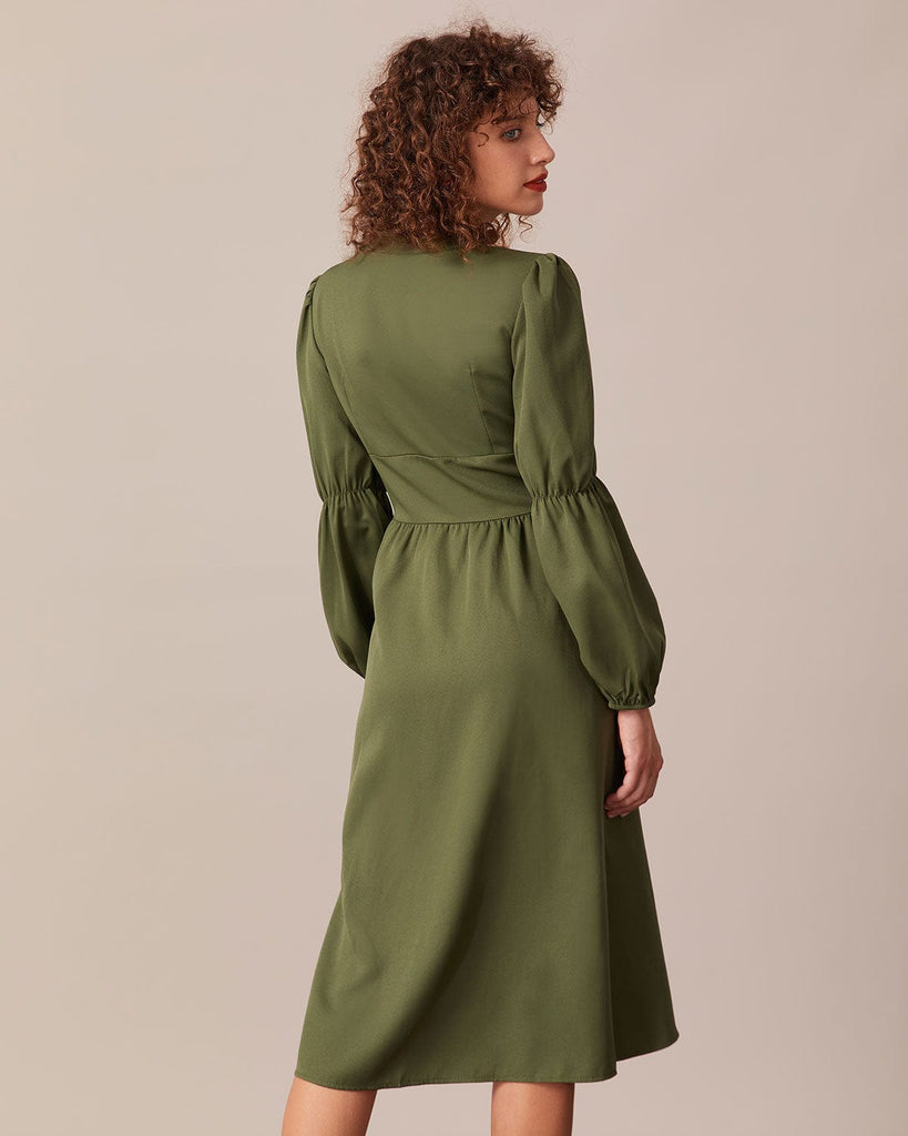 The Deep V Neck Puff Sleeve Midi Dress Dresses - RIHOAS