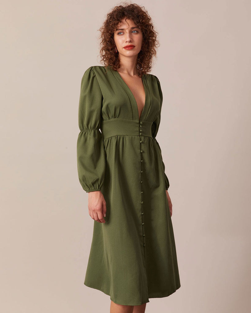 The Deep V Neck Puff Sleeve Midi Dress Dresses - RIHOAS