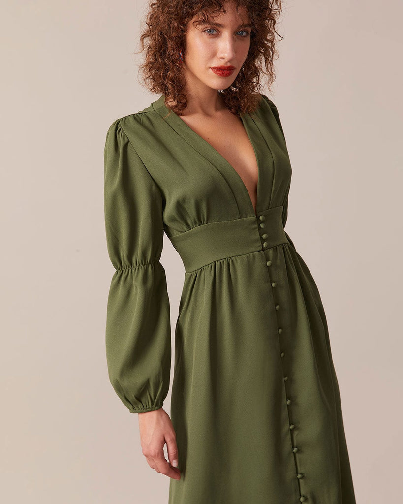 The Deep V Neck Puff Sleeve Midi Dress Dresses - RIHOAS