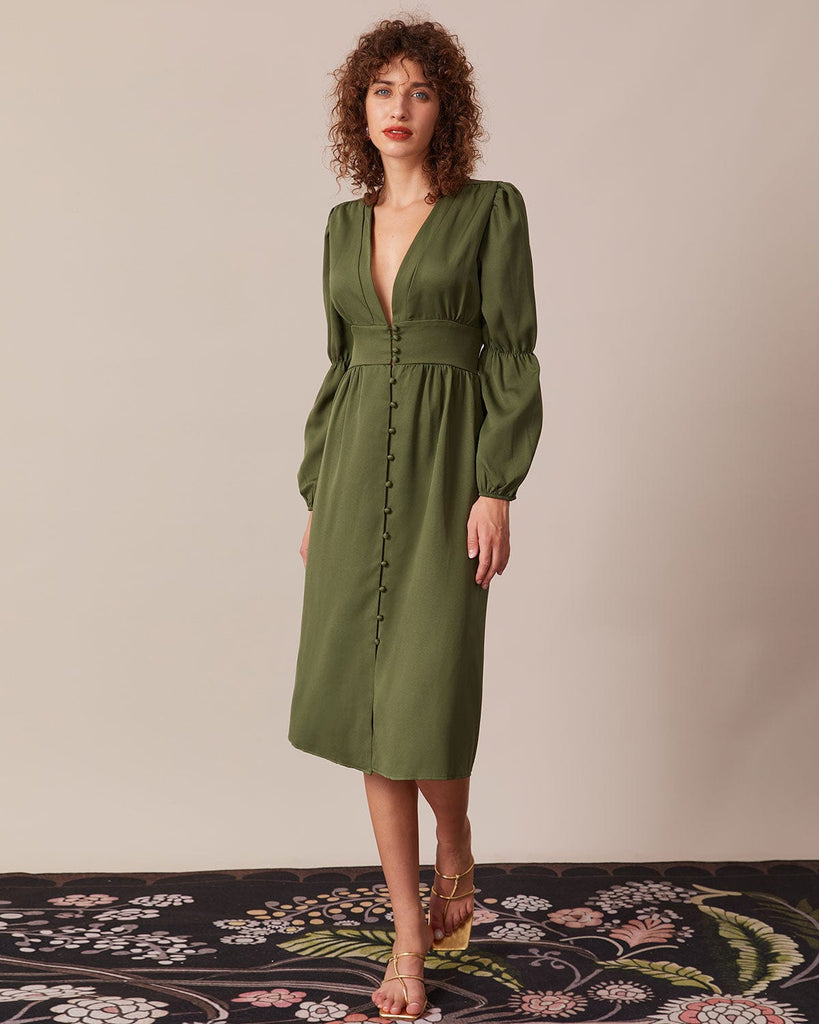 The Deep V Neck Puff Sleeve Midi Dress Green Dresses - RIHOAS