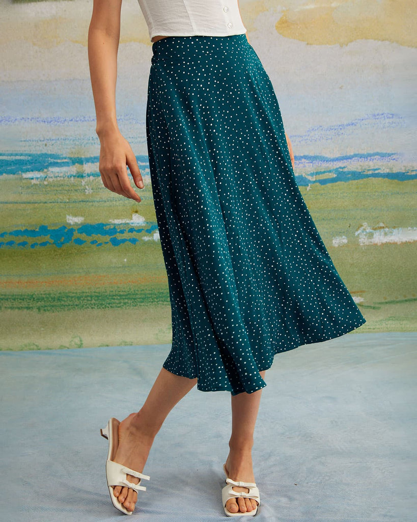 The Elastic Waist Polka Dot Midi Skirt Dark Green Bottoms - RIHOAS