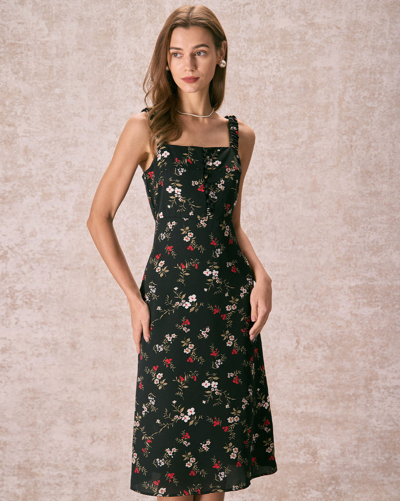 The Elasticized Shoulder Straps Floral Dress Black Dresses - RIHOAS