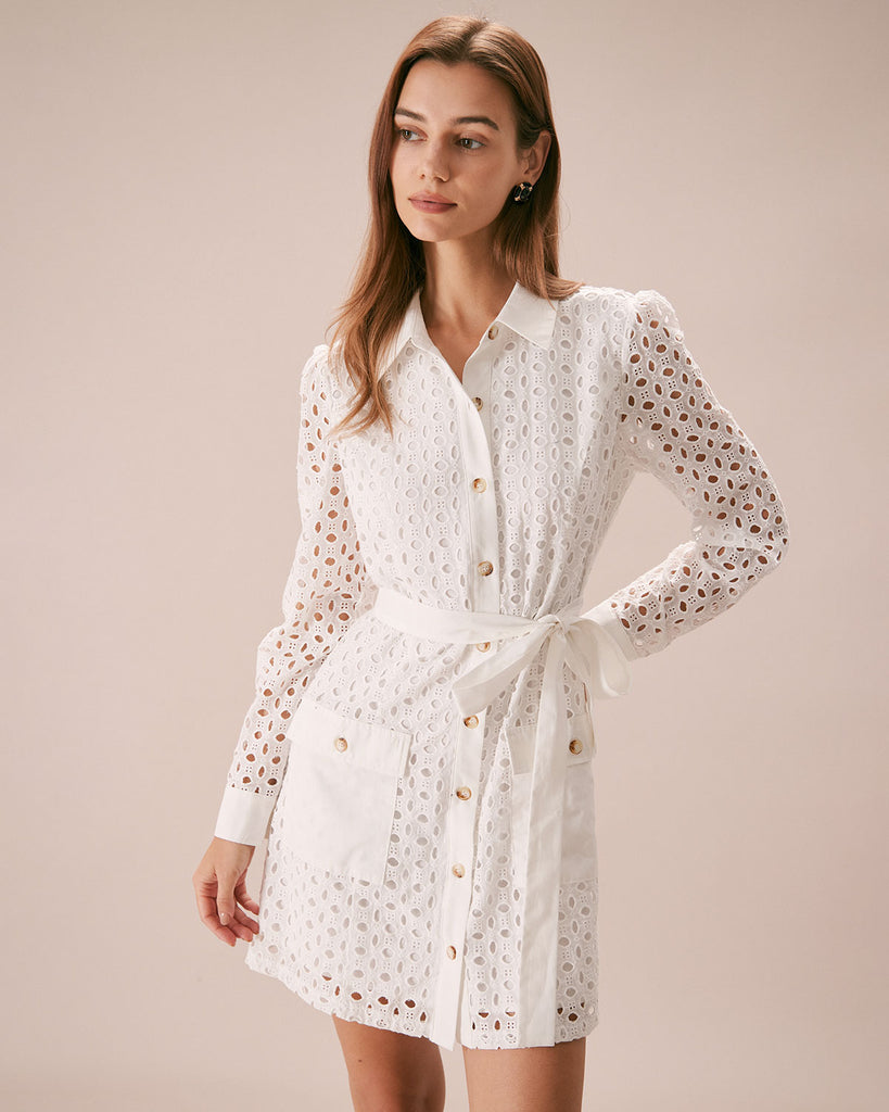 The Eyelet Embroidery Shirt Dress White Dresses - RIHOAS
