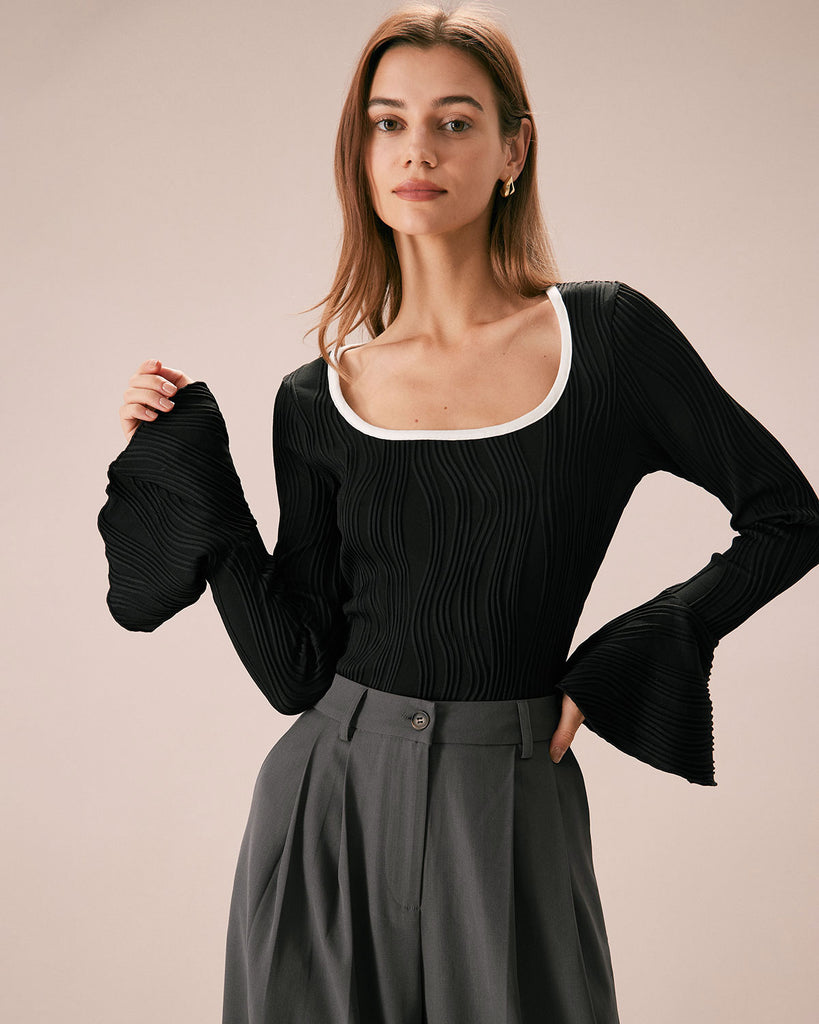 The Flare Sleeve Water Ripple Knit Top Black Tops - RIHOAS