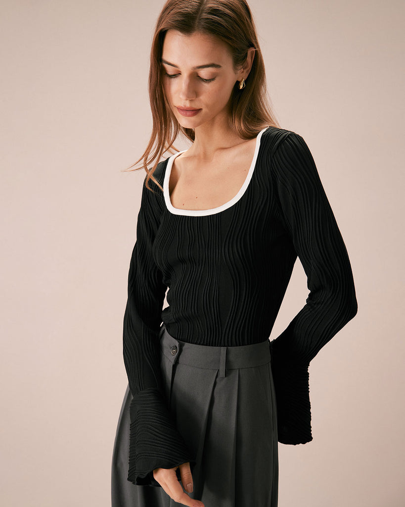 The Flare Sleeve Water Ripple Knit Top Tops - RIHOAS
