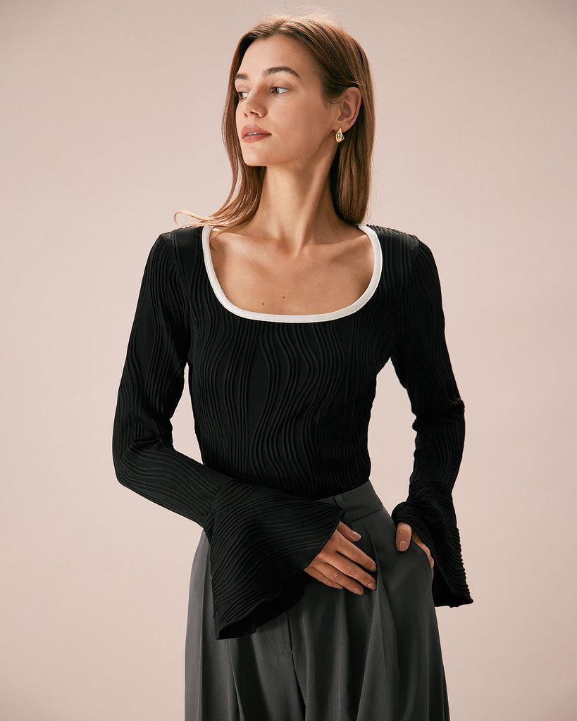 The Flare Sleeve Water Ripple Knit Top Tops - RIHOAS