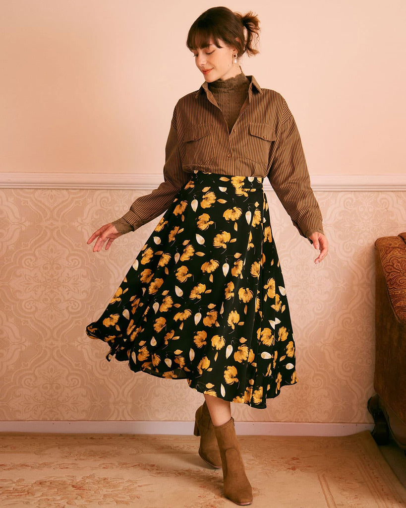 The Floral A-Line Midi Skirt Bottoms - RIHOAS