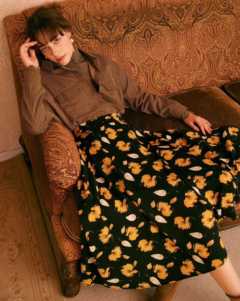 The Floral A-Line Midi Skirt Bottoms - RIHOAS