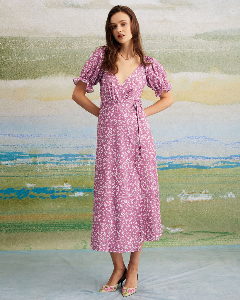 The Floral Puff Sleeve Maxi Dress Purple Dresses - RIHOAS