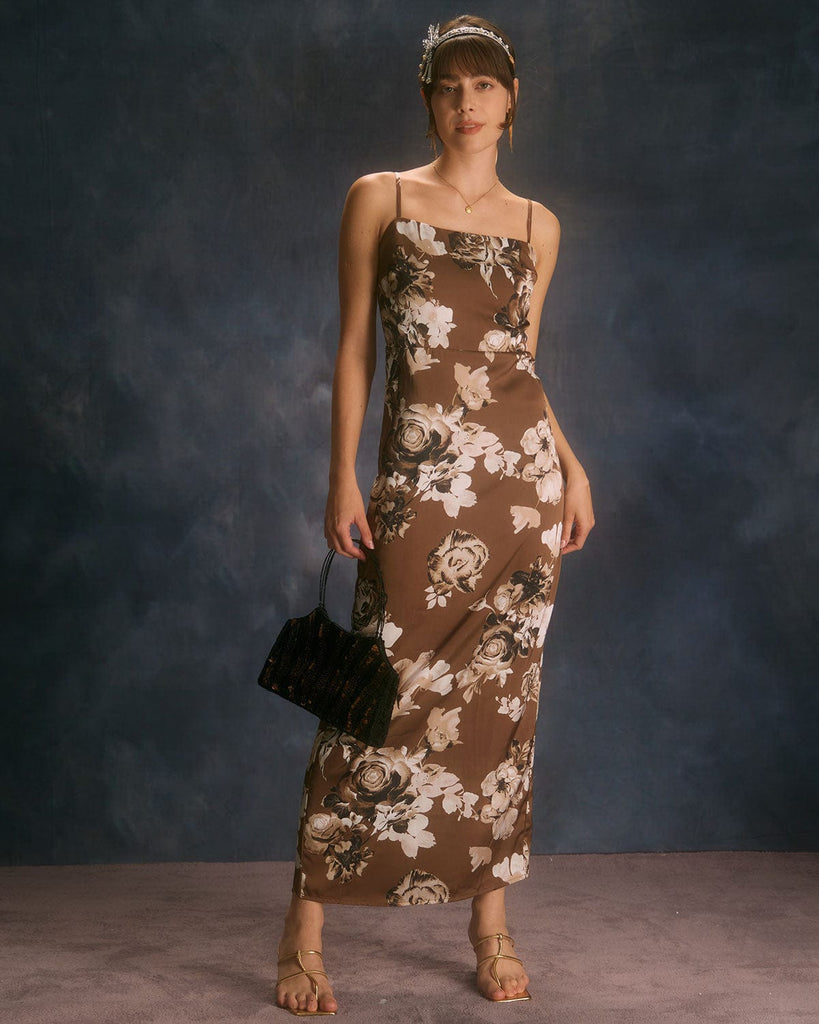 The Floral Side Split Maxi Dress Brown Dresses - RIHOAS