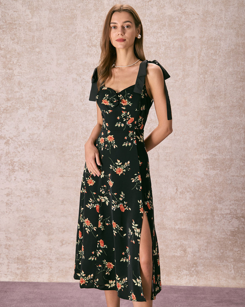 The Floral Tie Strap Slit Midi Dress Black Dresses - RIHOAS
