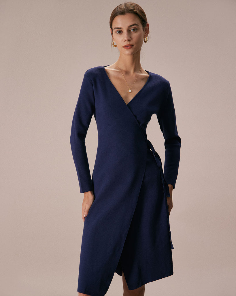 The French V-Neck Lace-Up Knitted Dress Blue Dresses - RIHOAS