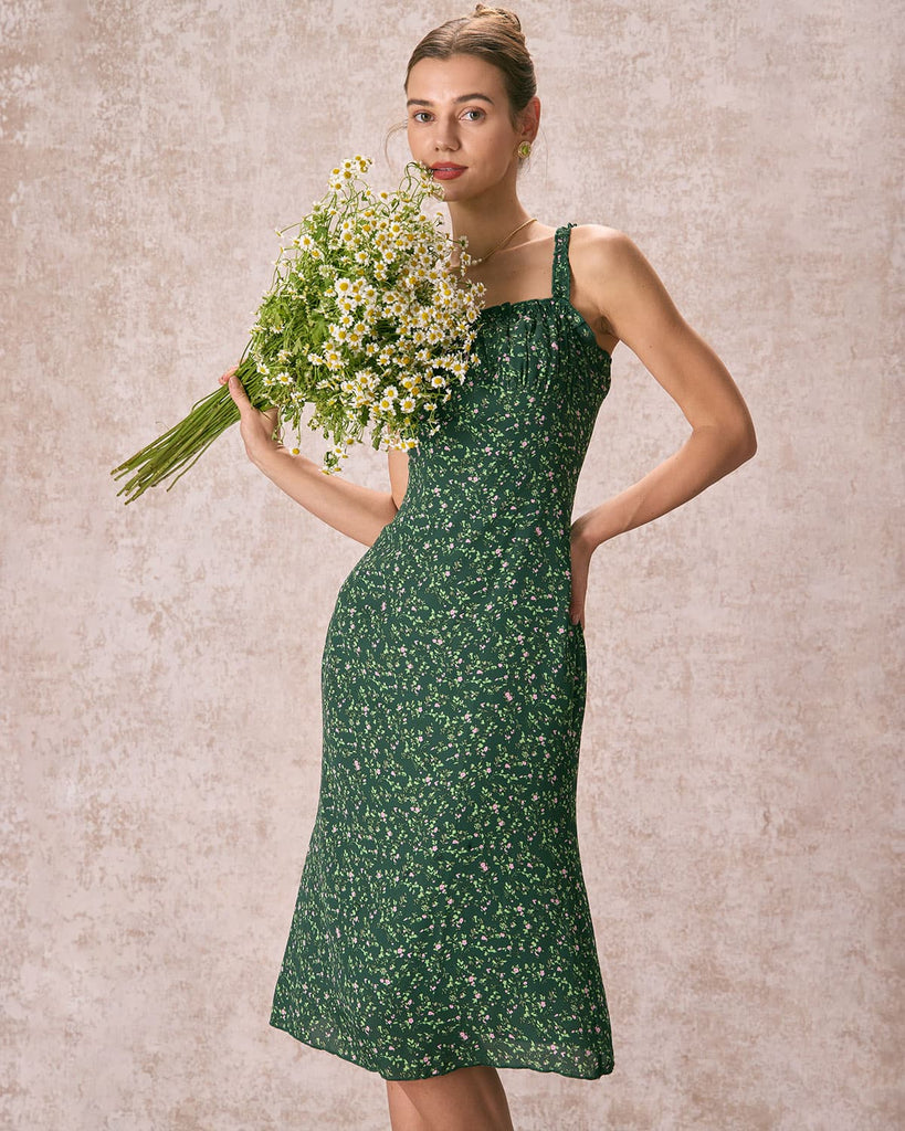 The Frill Trim Ruched Midi Dress Green Dresses - RIHOAS