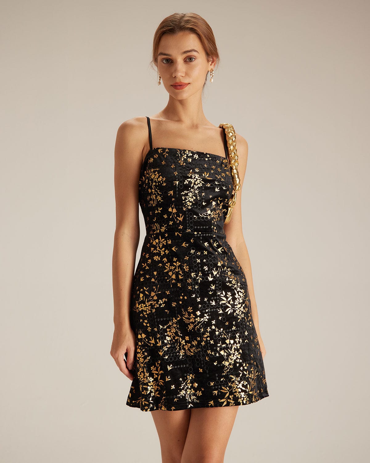 The Gold Floral Velvet Dress Black Dresses - RIHOAS