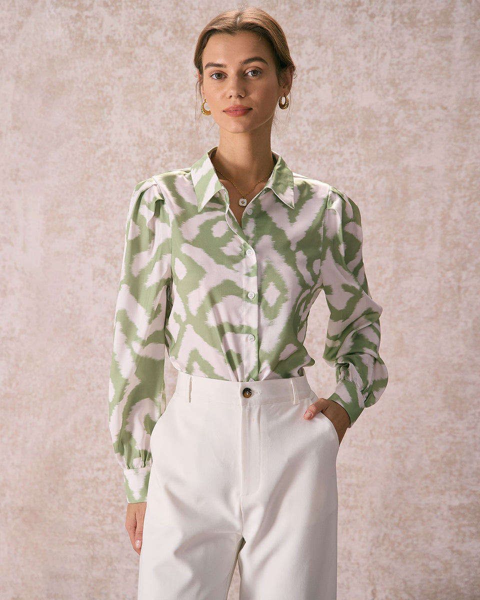 The Green Abstract Print Button Up Shirt & Reviews - Green - Tops | RIHOAS