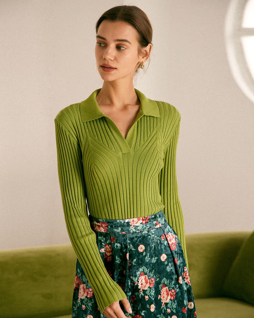 The Green Collared Solid Knit Top Green Tops - RIHOAS