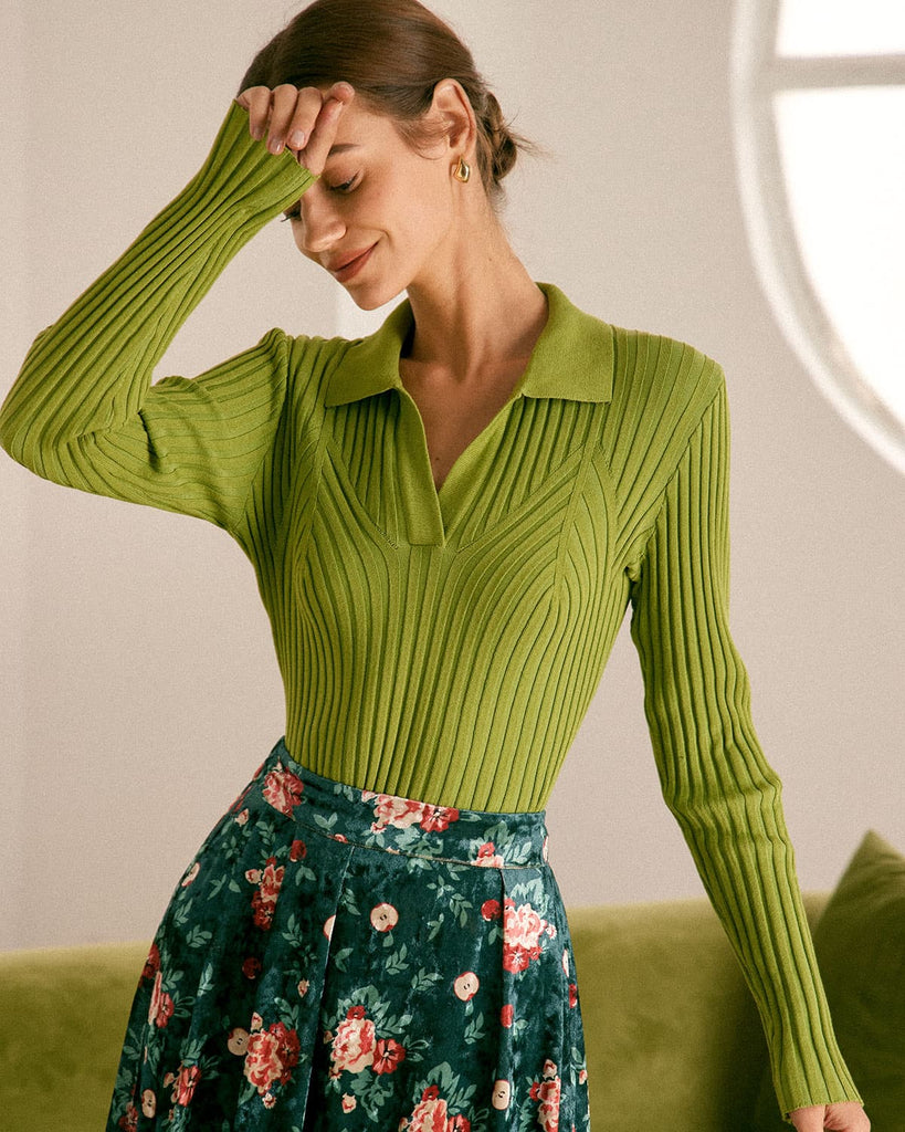 The Green Collared Solid Knit Top Tops - RIHOAS