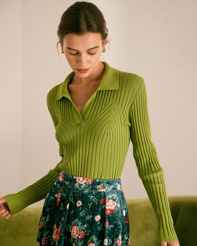 The Green Collared Solid Knit Top Tops - RIHOAS