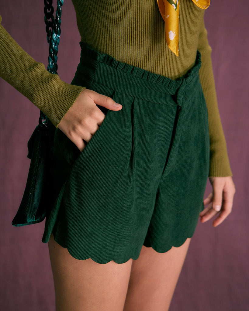 The Green Corduroy Scalloped Shorts Bottoms - RIHOAS