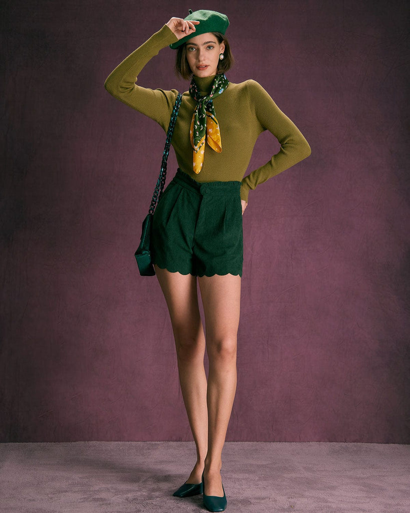 The Green Corduroy Scalloped Shorts Bottoms - RIHOAS