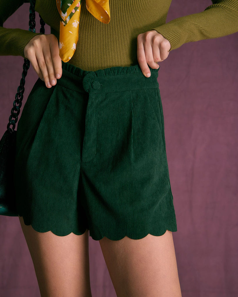 The Green Corduroy Scalloped Shorts Green Bottoms - RIHOAS