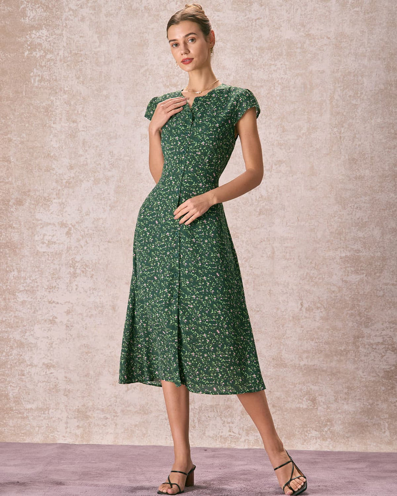 The Green Crew Neck Floral Midi Dress Dresses - RIHOAS
