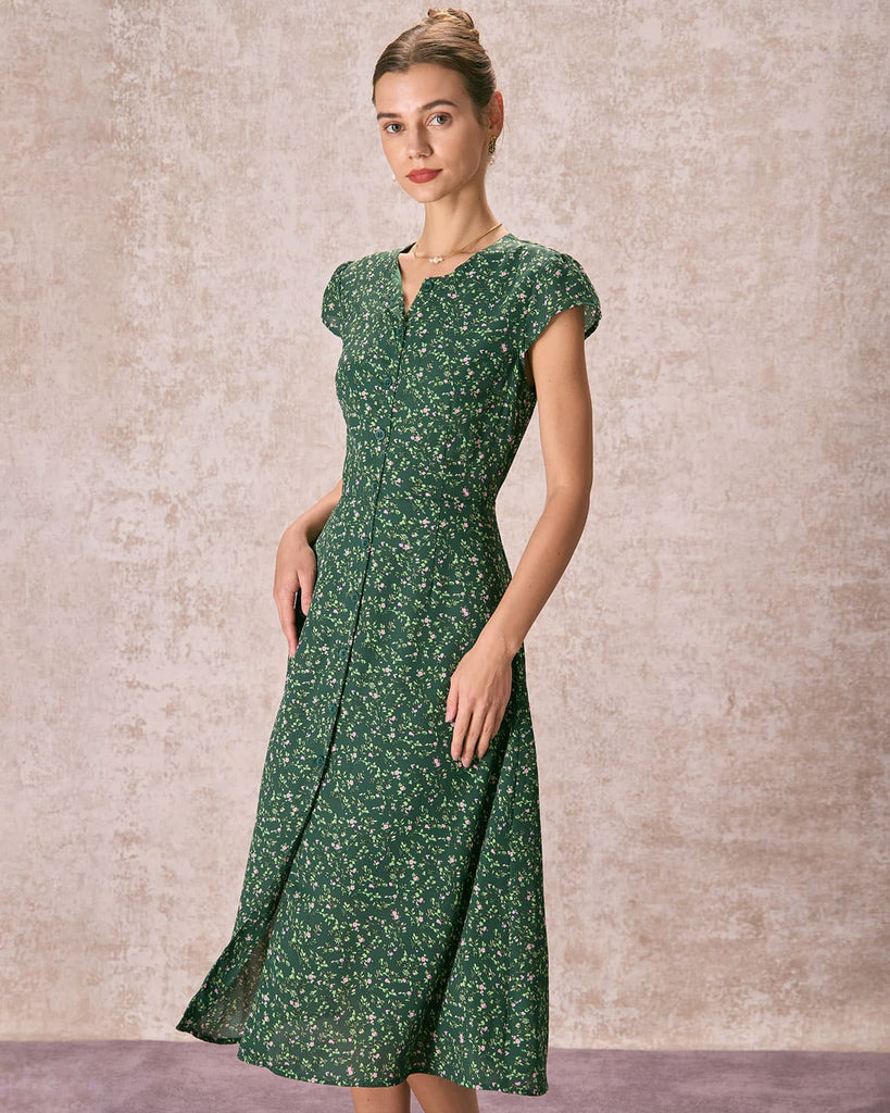 The Green Crew Neck Floral Midi Dress Green Dresses - RIHOAS