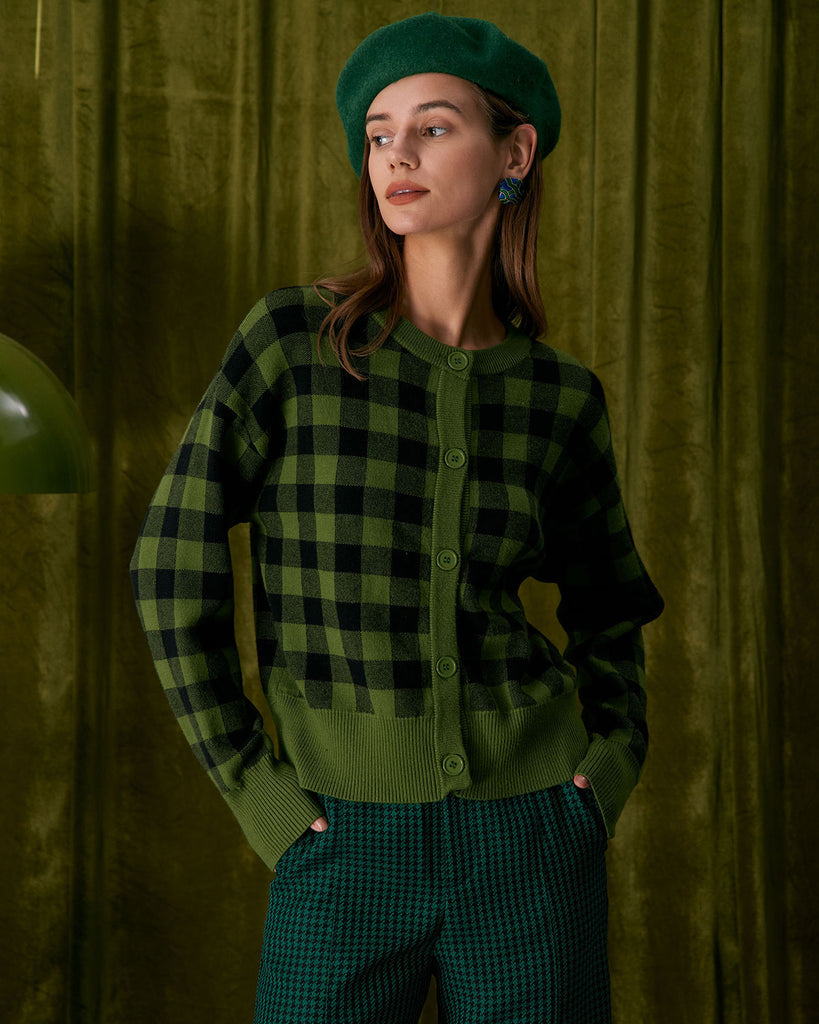 The Green Crew Neck Plaid Button Cardigan Green Tops - RIHOAS