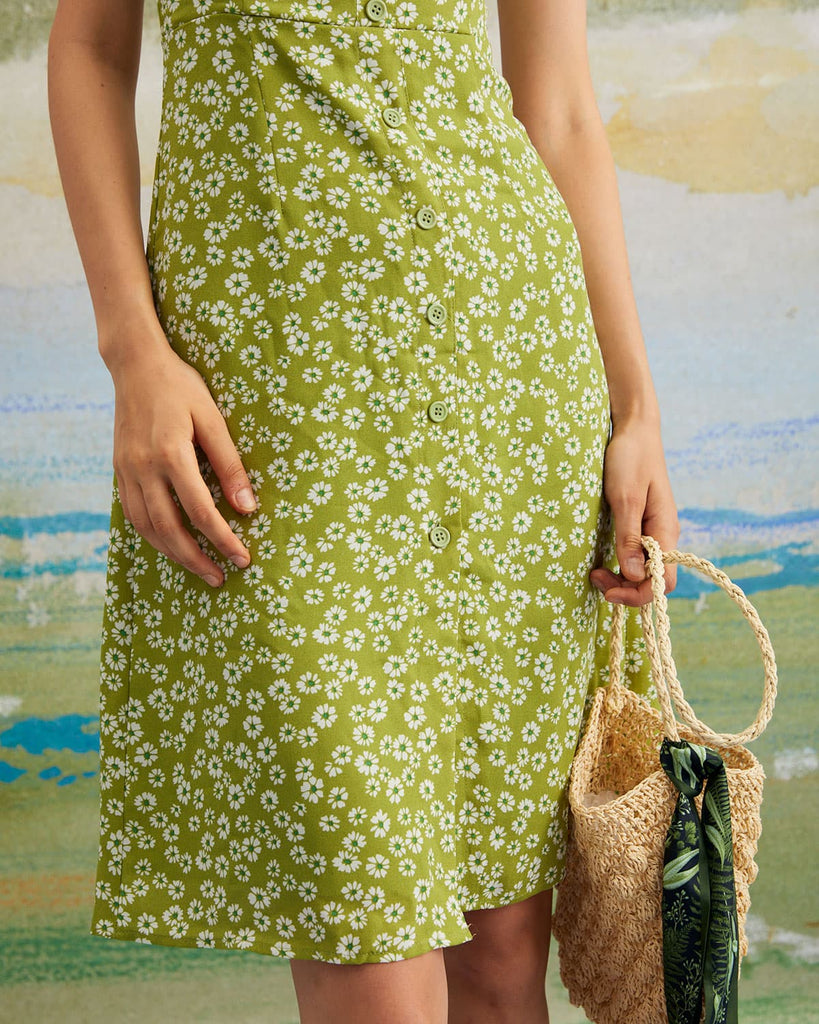 The Green Daisy Button Slit Midi Dress Dresses - RIHOAS