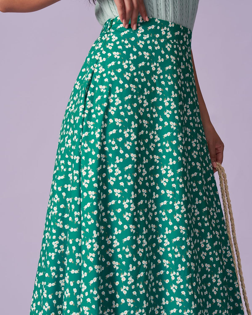 The Green Elastic Waist Floral Midi Skirt Bottoms - RIHOAS