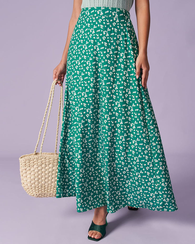 The Green Elastic Waist Floral Midi Skirt Green Bottoms - RIHOAS