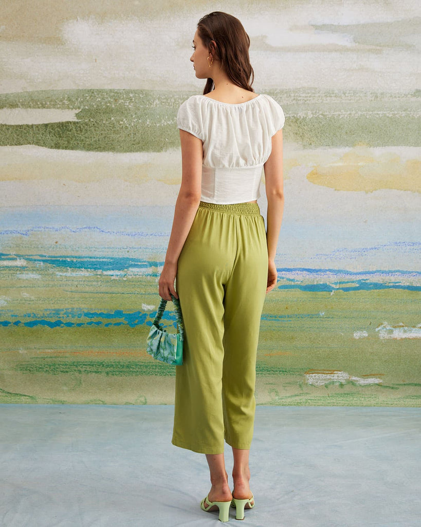 The Green Elastic Waist Straight Ninth Pants Bottoms - RIHOAS