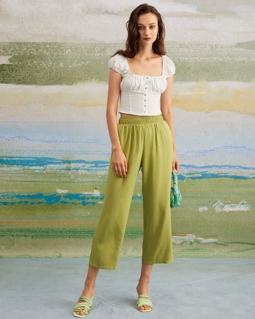 The Green Elastic Waist Straight Ninth Pants Bottoms - RIHOAS