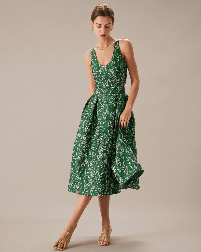 The Green Floral A-line Midi Dress Dresses - RIHOAS