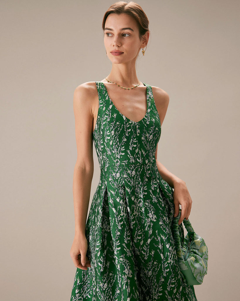 The Green Floral A-line Midi Dress Dresses - RIHOAS