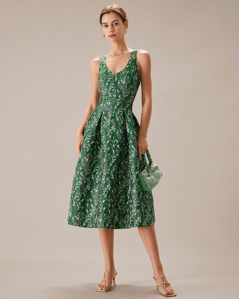 The Green Floral A-line Midi Dress Green Dresses - RIHOAS