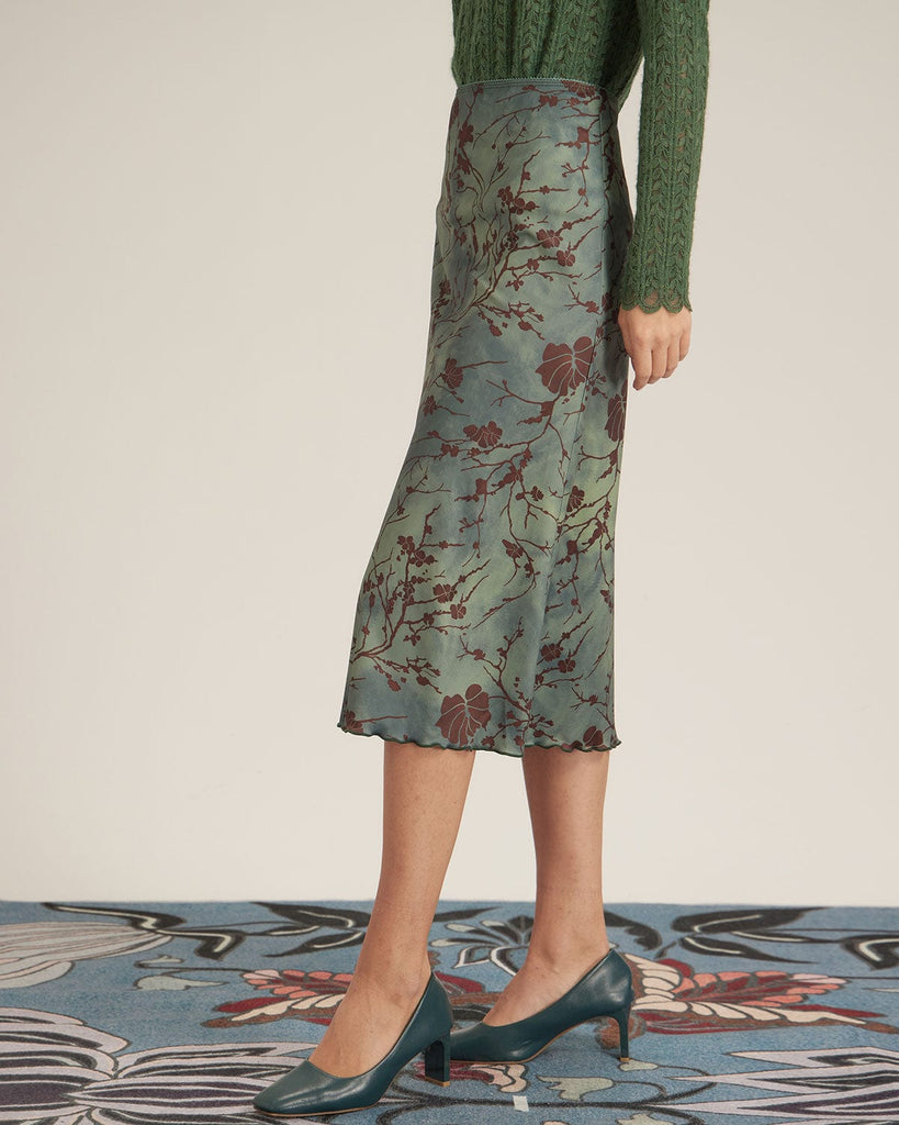 The Green Floral Lace Frim Midi Skirt Bottoms - RIHOAS