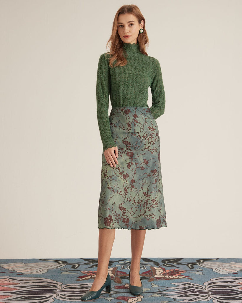 The Green Floral Lace Frim Midi Skirt Bottoms - RIHOAS