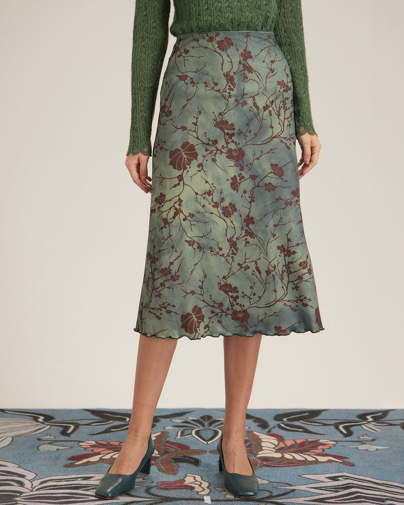 The Green Floral Lace Frim Midi Skirt Green Bottoms - RIHOAS