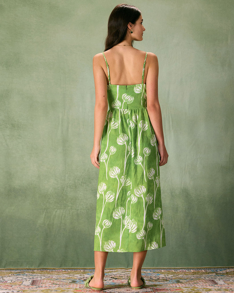 The Green Floral Ruched Midi Dress Dresses - RIHOAS