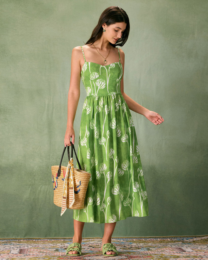 The Green Floral Ruched Midi Dress Dresses - RIHOAS