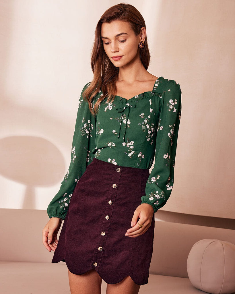 The Green Floral Tie Back Blouse Green Tops - RIHOAS