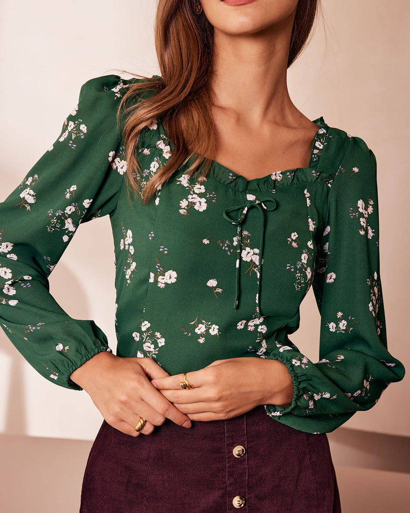The Green Floral Tie Back Blouse Tops - RIHOAS