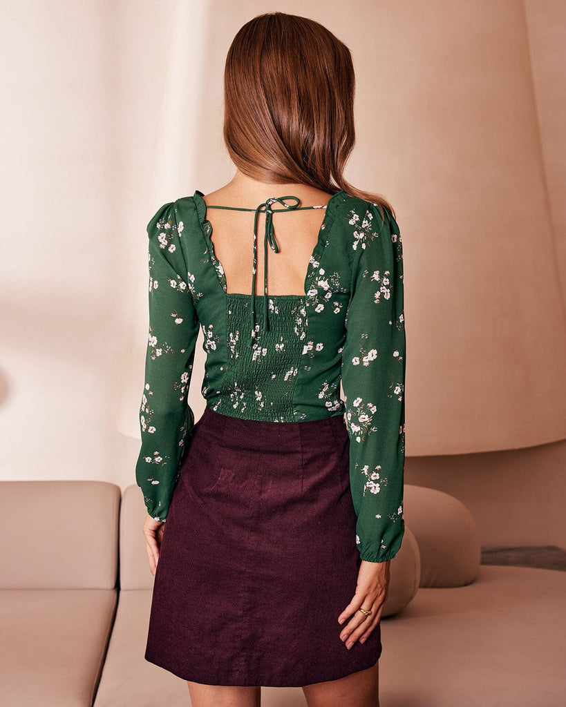 The Green Floral Tie Back Blouse Tops - RIHOAS