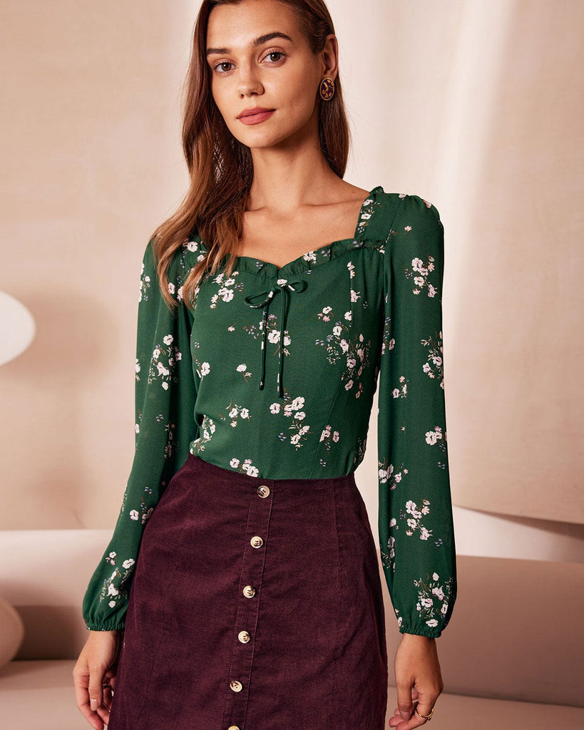 The Green Floral Tie Back Blouse Tops - RIHOAS